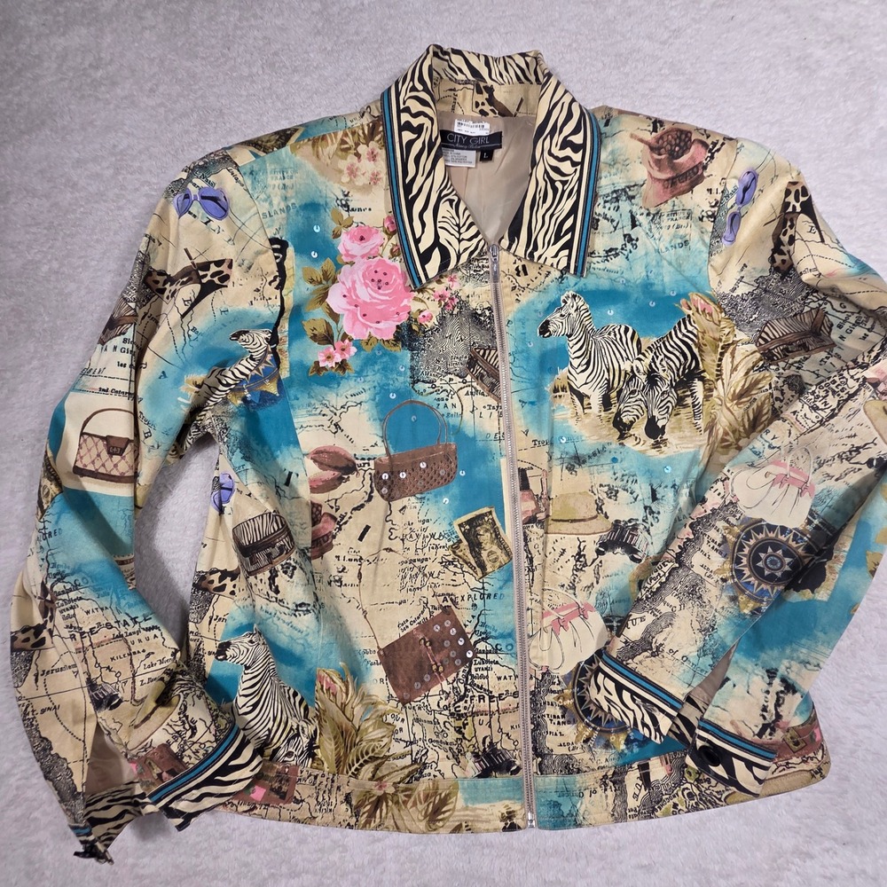 City Girl Safari Jacket Womens Large Blue Tan Zip Up Sequin Zebra Print Map Coat